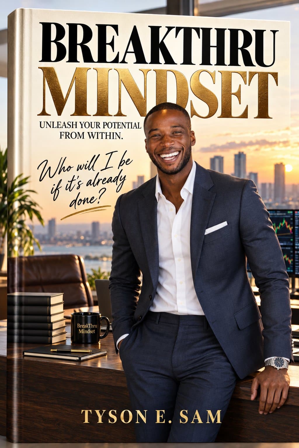 The BreakThru Mindset book by Tyson E. Sam, with the question “Who will I be if it's already done?” on the cover