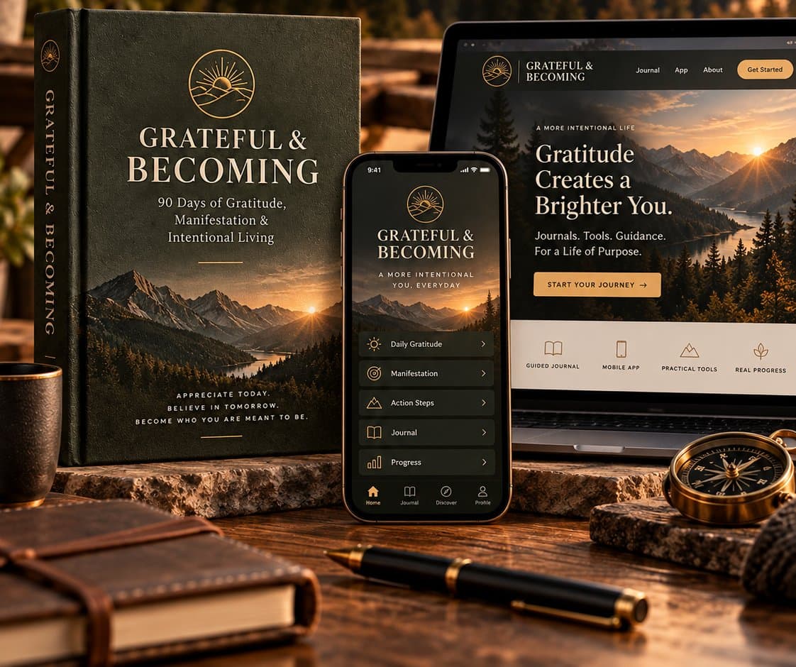 The Grateful & Becoming hardcover journal beside the companion app on a phone and laptop, at sunrise
