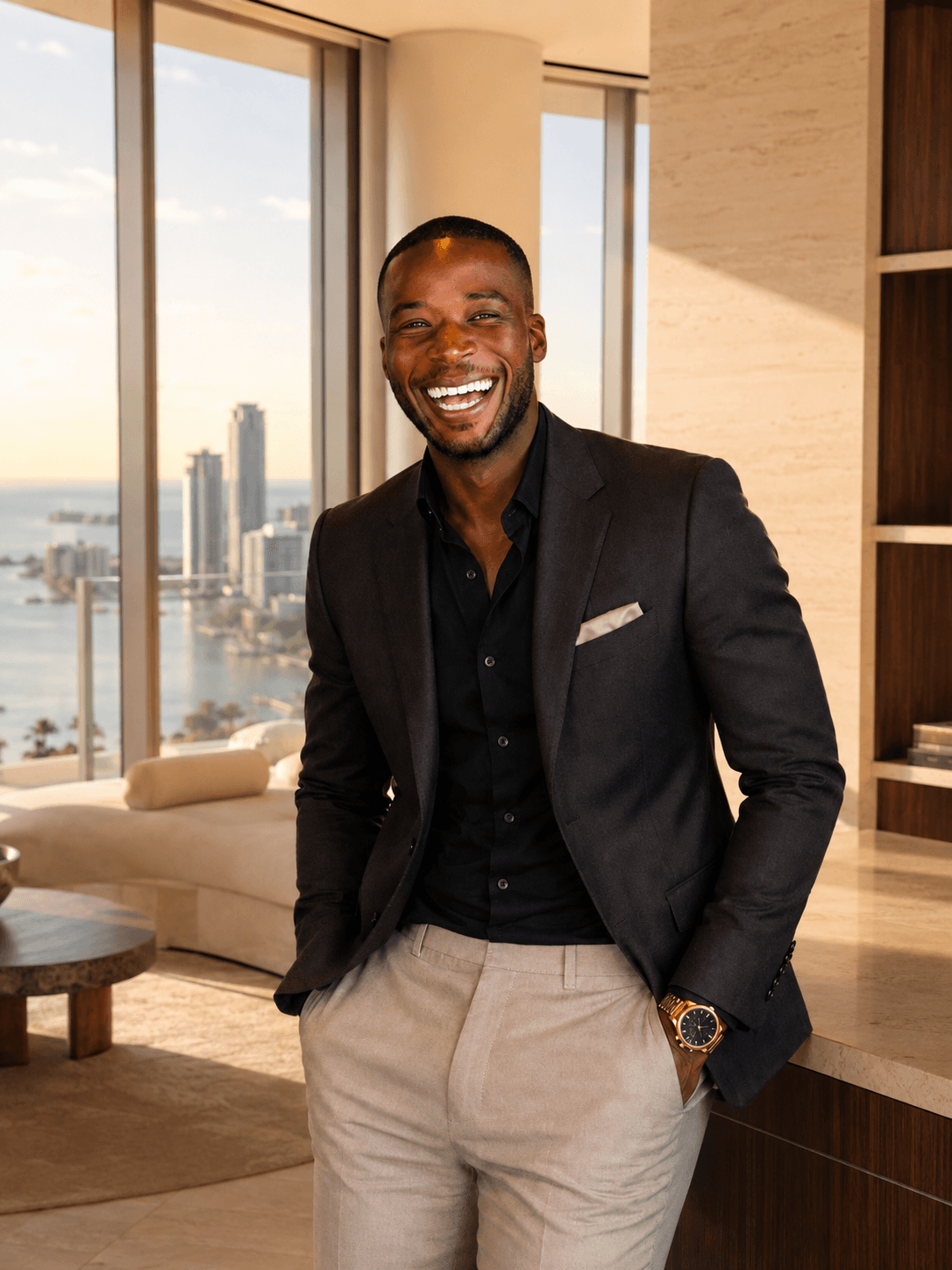 Tyson E. Sam, founder of BreakThru Mindset, in a sunlit penthouse overlooking the water