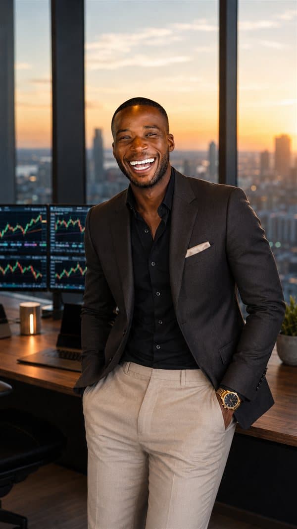 Tyson E. Sam smiling in his office at sunset